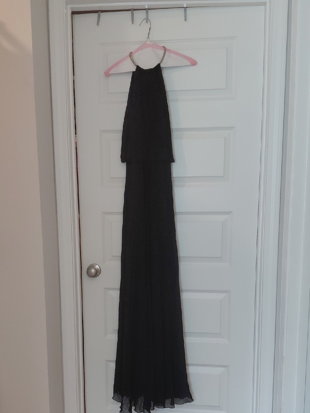 Xscape Navy Pleated Halter Evening Gown - Picture 1 of 6